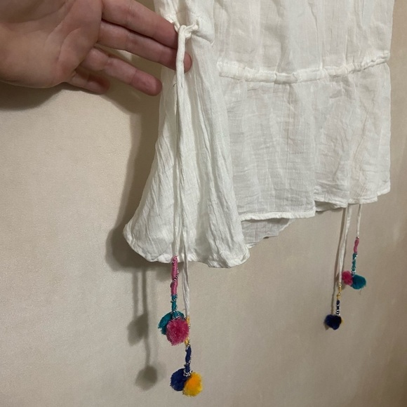 Lovestitch EUC lightweight cotton heavily embroidered bib pom waist tie top M - Picture 6 of 6